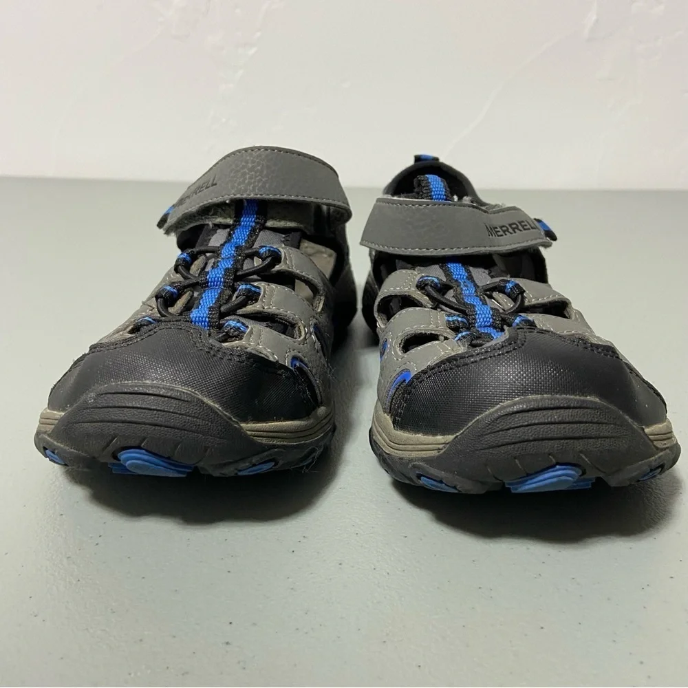 Merrell Boys H20 Hiker Hiking Sandal 4M Gray Blue Leather Upr Hook Loop Closure